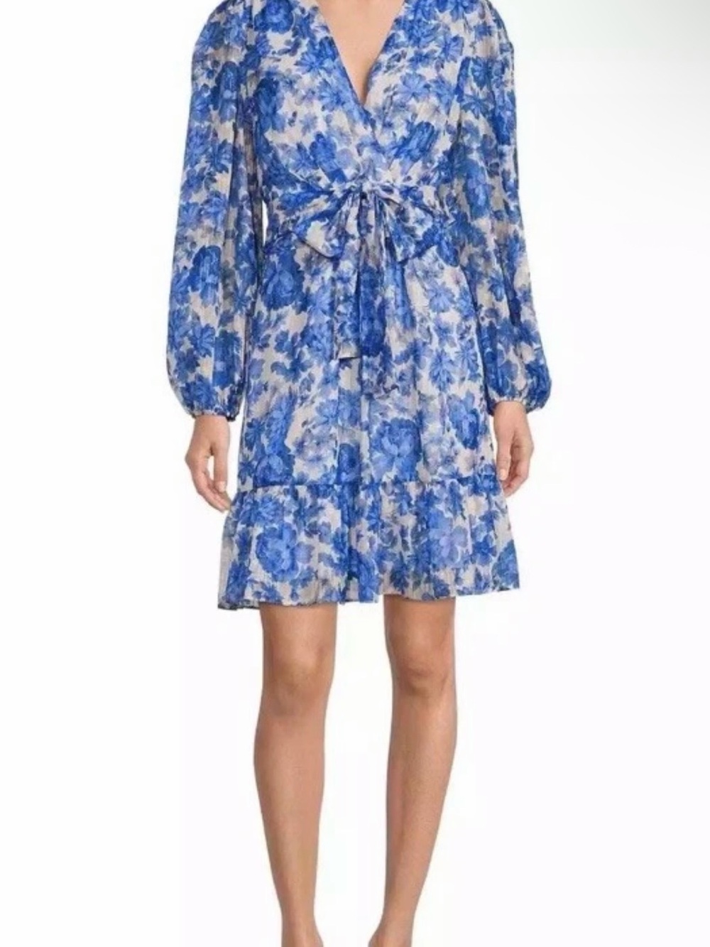 Alex Marie Blue Floral V-Neck Tie-Waist Long Sleeve Dress